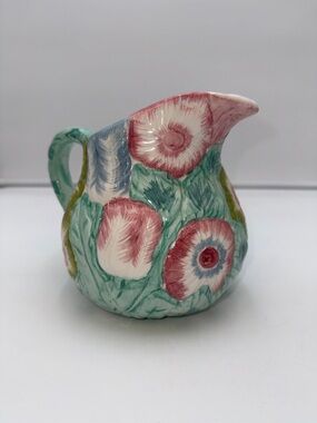 Vintage Ceramic Raised Floral Pitcher Marked "ND" Pretty Pastels Tulips Daisy